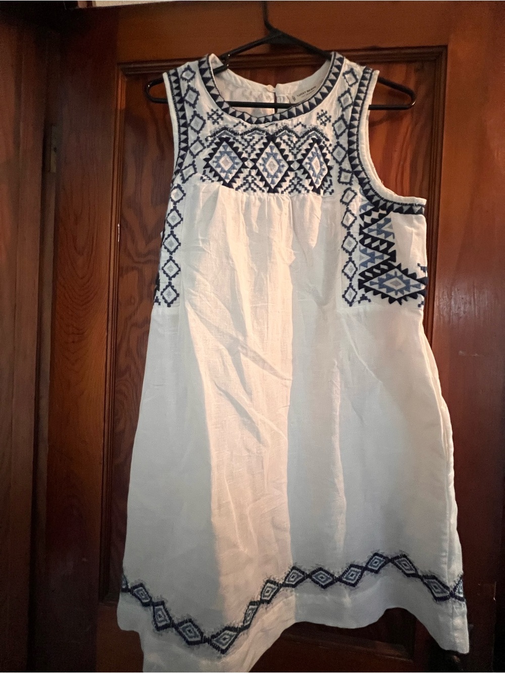 Lucky Brand White Sleeveless Embroidered Dress with Navy Detail